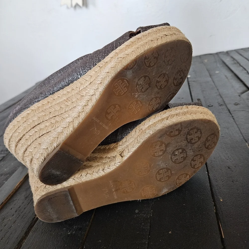 Tory Burch Shimmering Charcoal Grey Espadrille Wedges Peep Toe Heels Women's 7.5